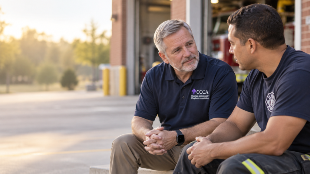 Alt=a ccca certified chaplain talking with a firefighter.